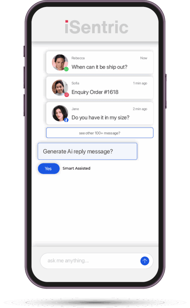 Chat screen showing several customer enquiries and a prompt to generate an AI reply