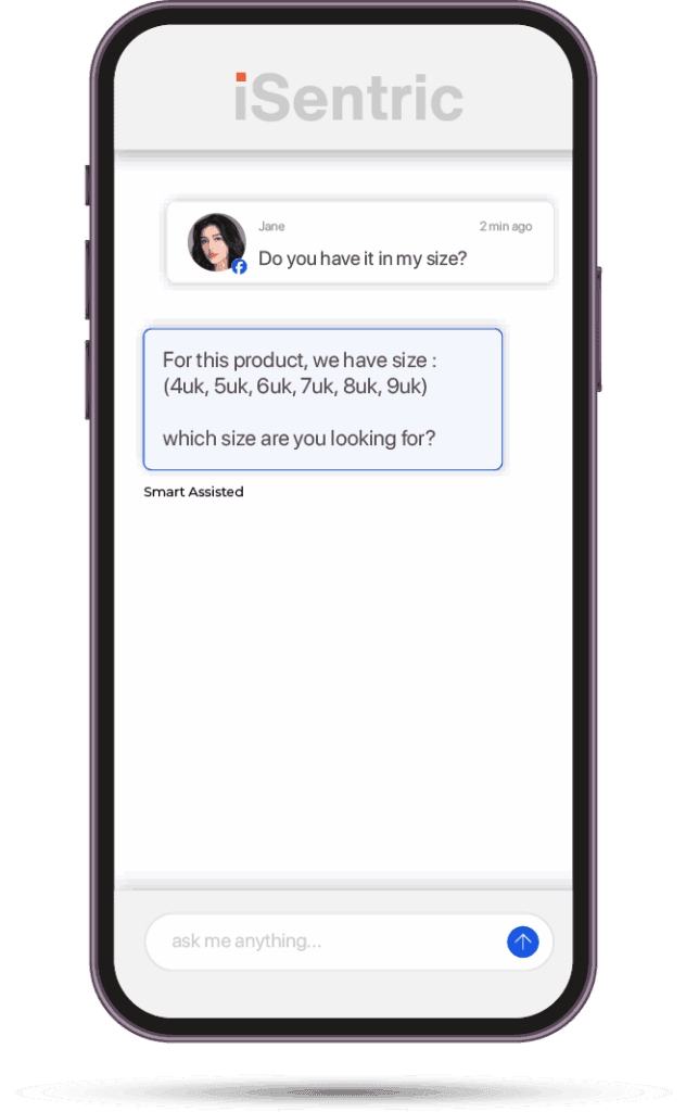 Chat screen where a customer asks about sizes and receives the available options