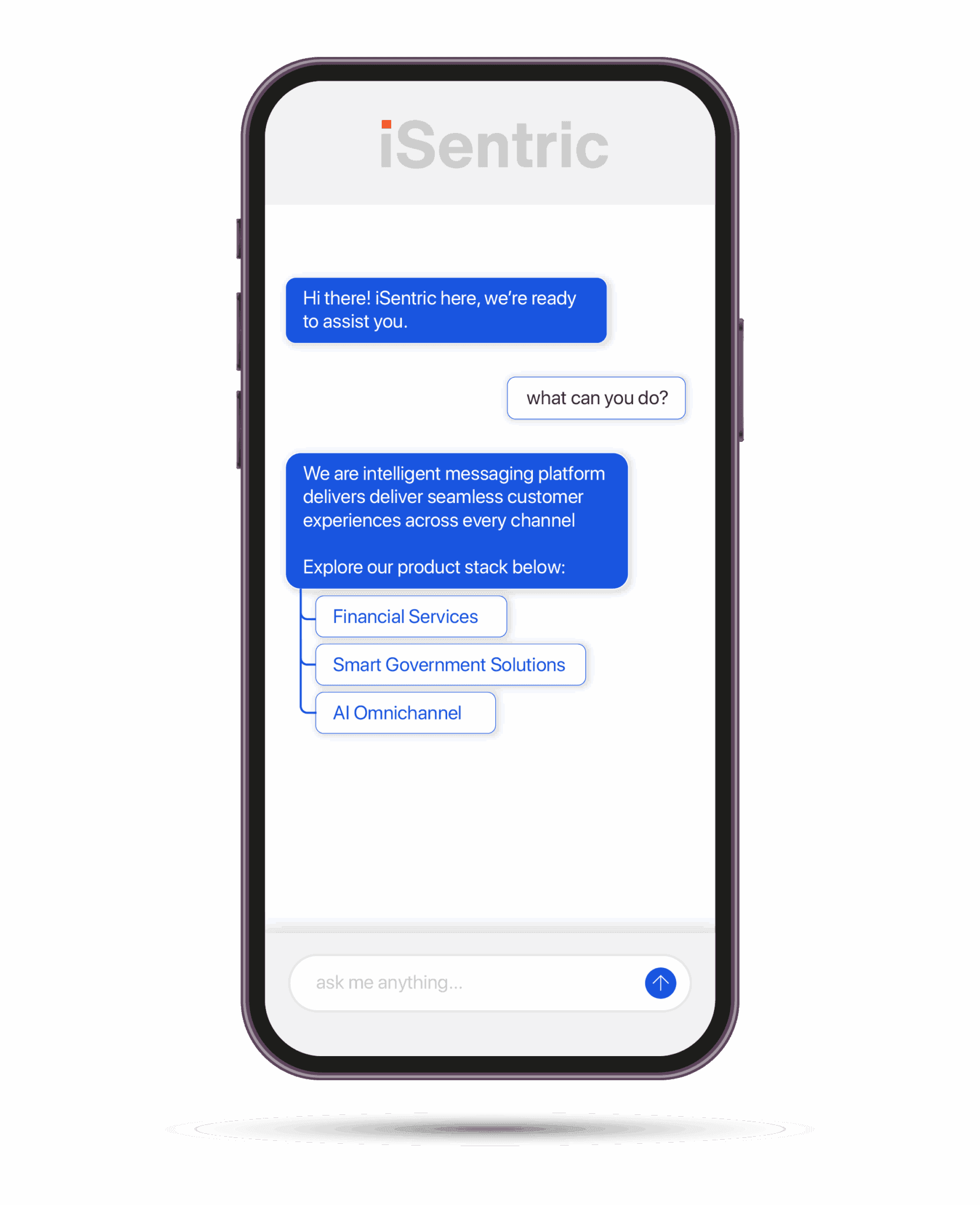 iSentric assistant chat listing the product stack